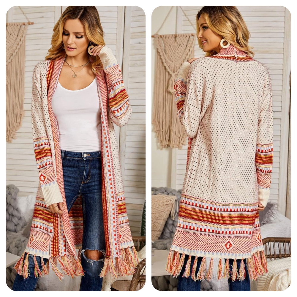 Women's Bohemian Aztec Knit Sweater Duster Cardigan Multicolor Cream Large